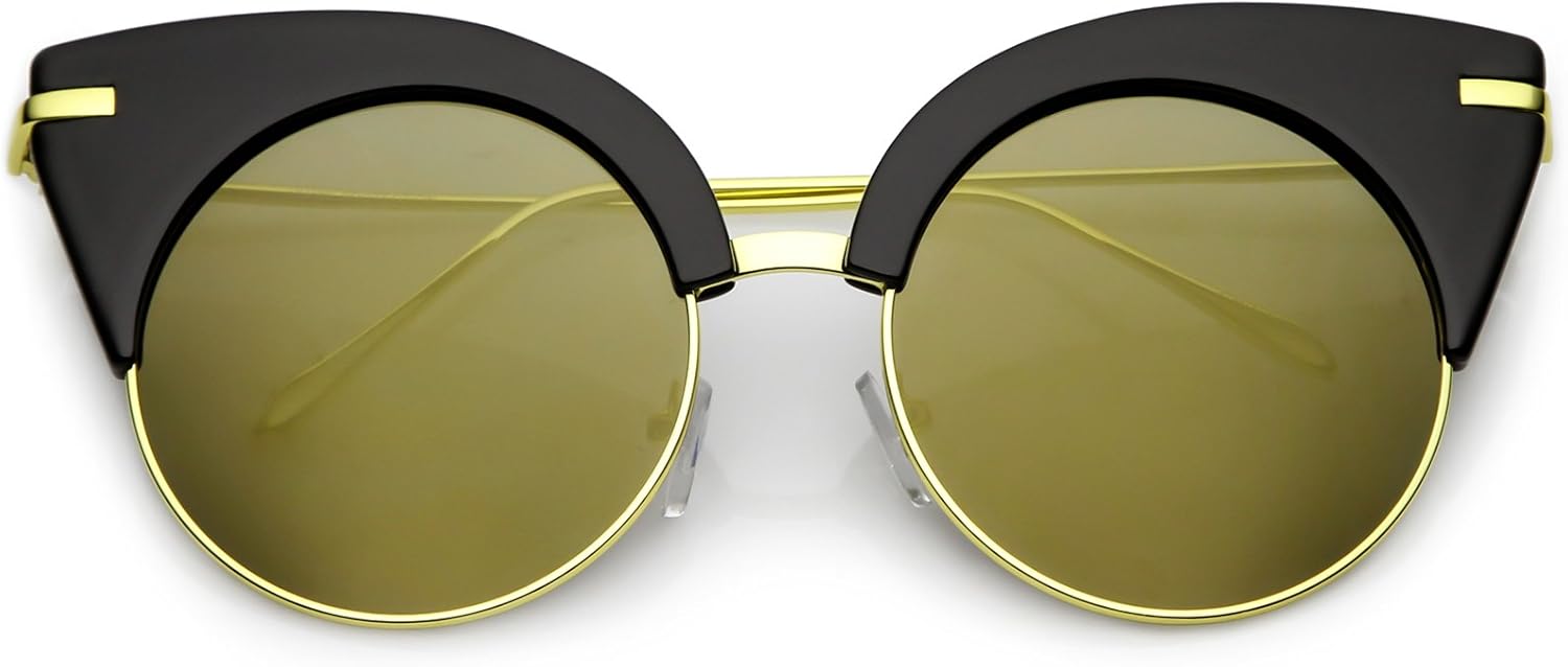 

zeroUV - Солнцезащитные очки в форме «кошачий глаз» с полуободковой оправой, ультратонкими дужками, круглыми зеркальными плоскими линзами, шириной линз 54 мм, Black Gold / Gold Mirror