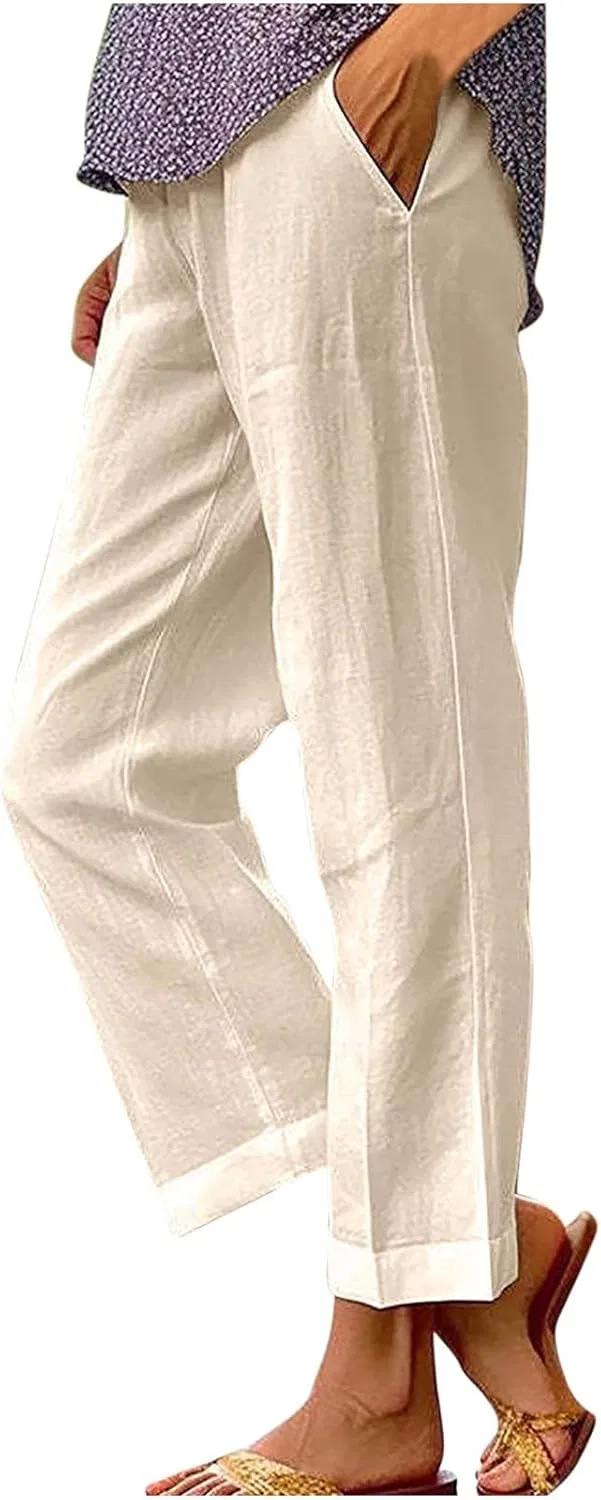 Брюки с карманами, Khaki, Womens Linen Pants with Pockets Casual Ankle Pant High Waist Comfy Lightweight Loose Trousers Beach Cropped