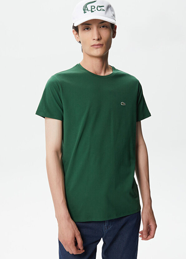 Зеленая мужская футболка slim fit с круглым вырезом Lacoste — фото 3