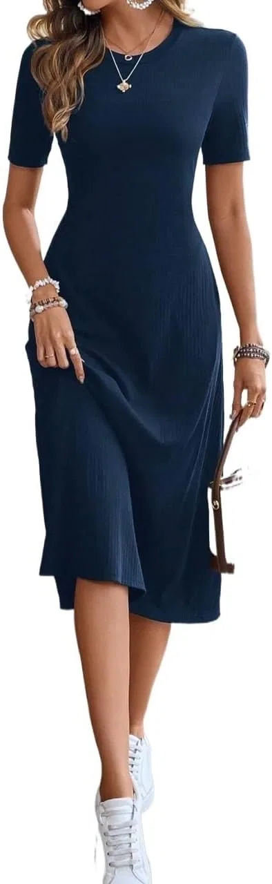 Женское A-силуэта платье миди с коротким рукавом, Navy Blue