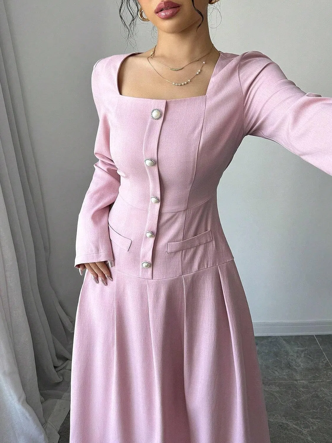 Женское длинное платье А-силуэта с квадратным вырезом, Pink — фото 4