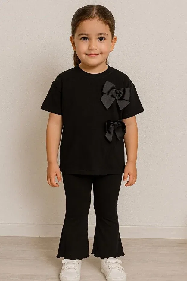 Детский комплект для девочек с принтом Bowknot ribbed leggings set Ueskids, Black — фото 2