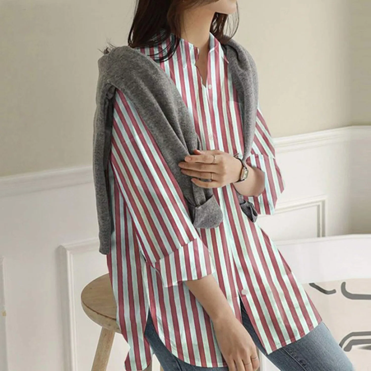 Женская блузка с длинным рукавом с боковыми разрезами Topko Plus Size, Red Stripes — фото 4