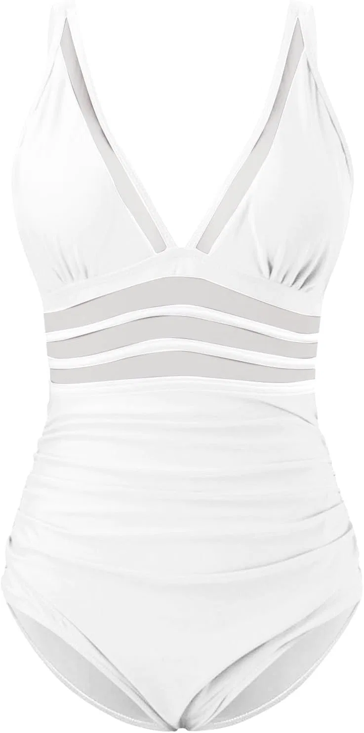 Женский цельный купальник с сеткой и глубоким декольте, Push Up, White — фото 4