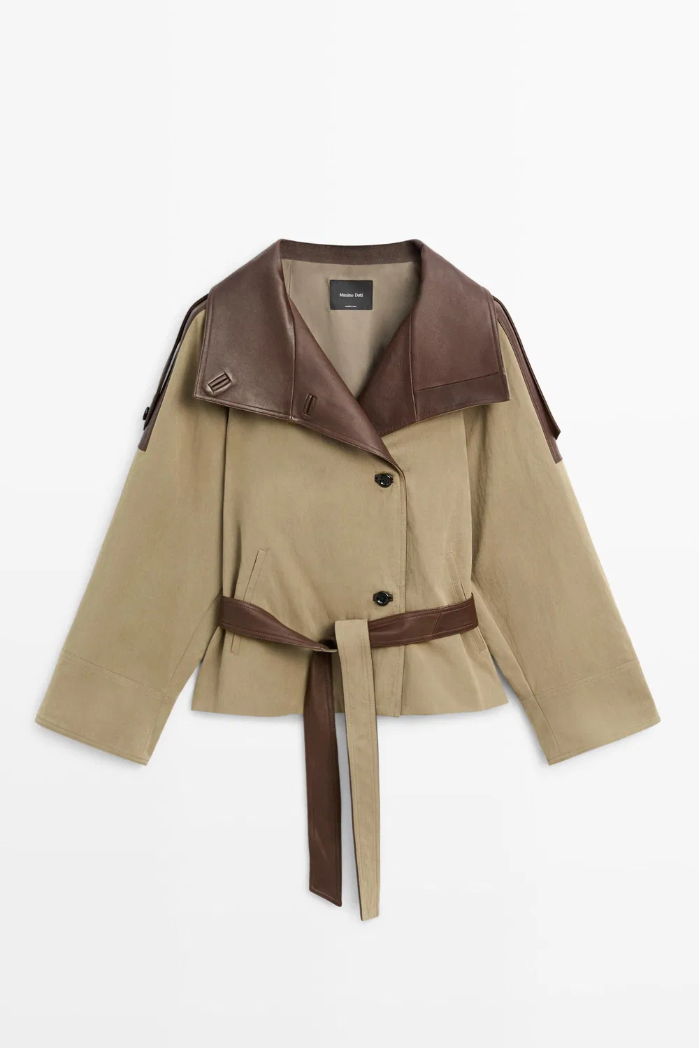 Куртка из комбинированной кожи Massimo Dutti, укороченная куртка, серовато-зеленый — фото 2
