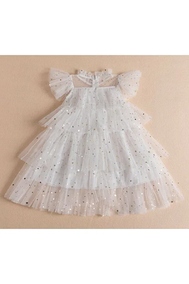 Детское платье для девочек с коротким рукавом Tutu bright white girl's cute layered dress star birthday dress Petityu, White