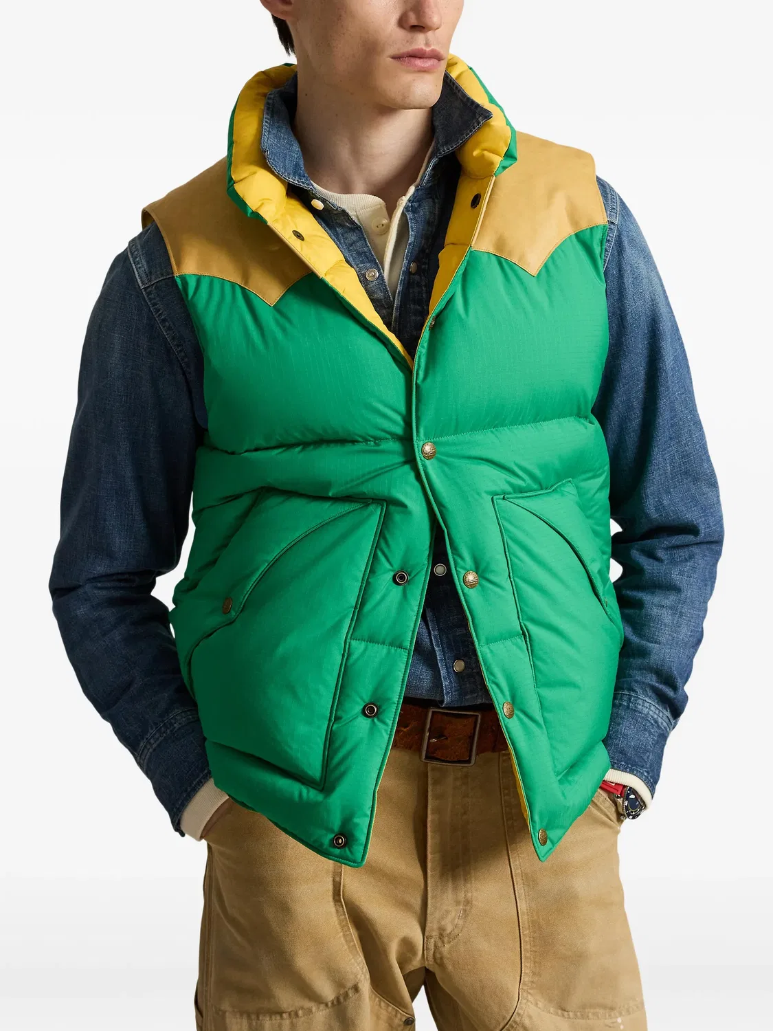 Жилет стеганый с контрастной кокеткой Polo Ralph Lauren, зеленый — фото 2