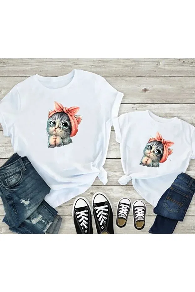 Детская футболка с принтом Cute Kitten T-Shirt With White Bow Machetta, White — фото 2