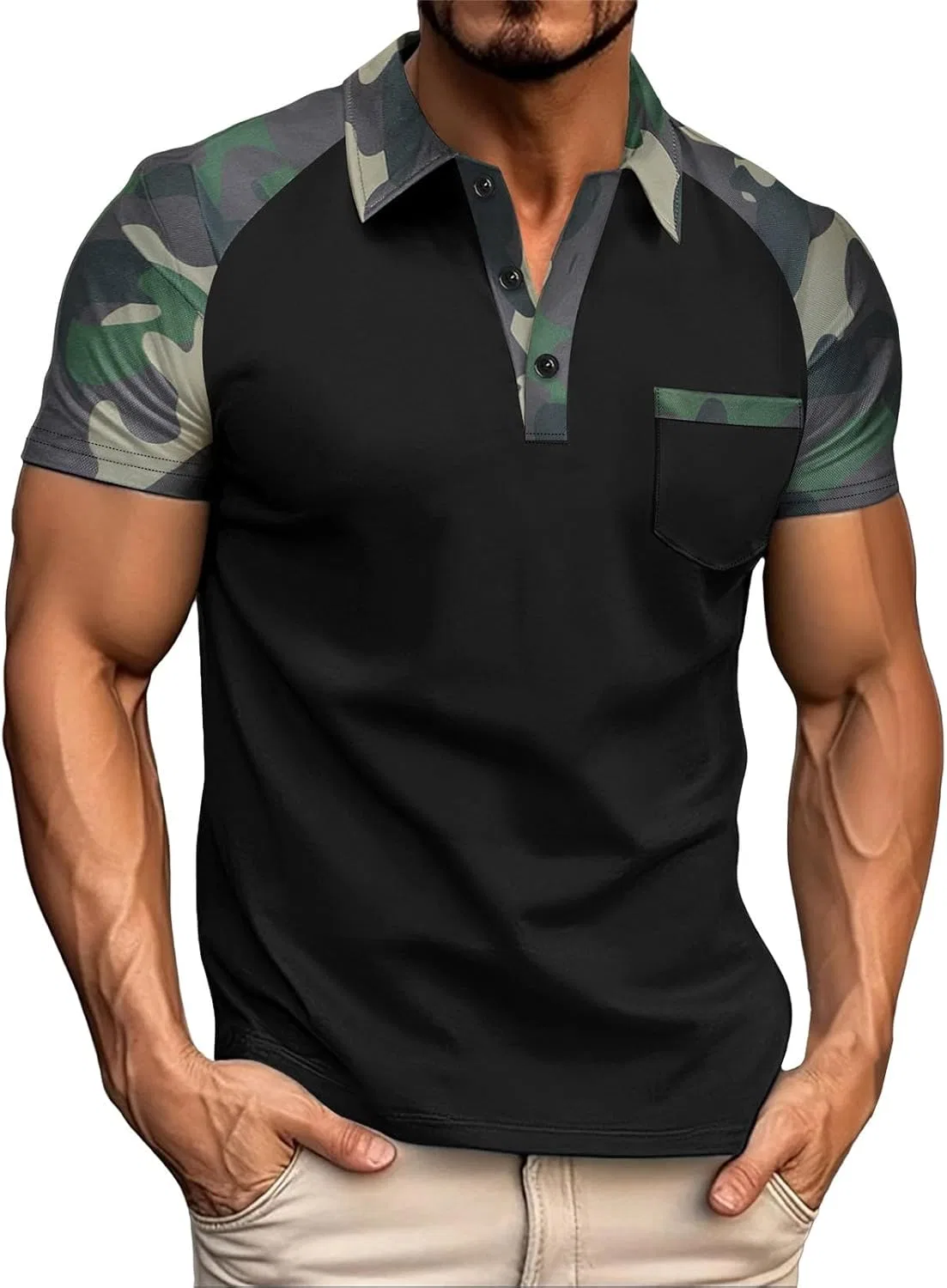Мужская slim fit футболка с камуфляжным рукавом реглан, Black
