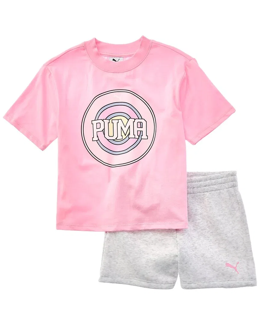 Детский комплект футболки и шорт с круглым вырезом Puma, розовый — фото 2