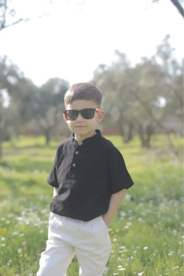 Детская рубашка для мальчиков с коротким рукавом Children'S Judge Collar Half-Pat Shirt (With Slub) Tct Tekstil, Black — фото 2