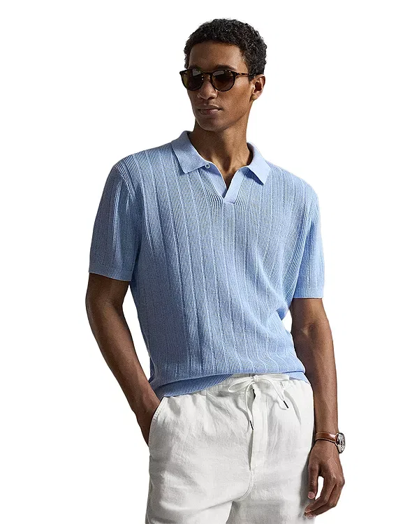 Мужское поло с воротником-джонни из льна Linen Johnny Collar Sweater Polo Shirt Polo Ralph Lauren, синий