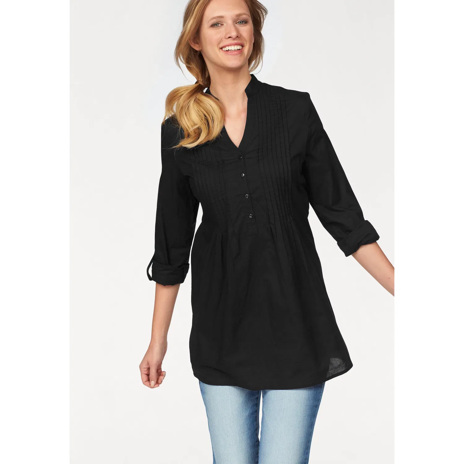 Женская блуза с V-образным вырезом и декоративной отделкой Aniston CASUAL, Black