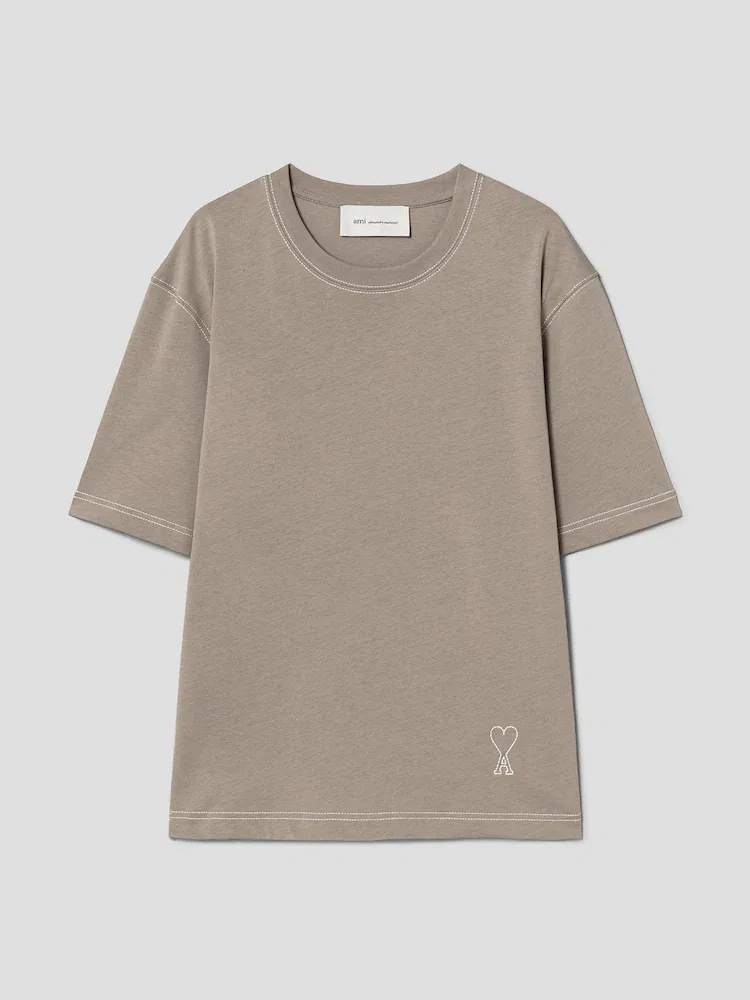 Футболка с коротким рукавом Boxy Fit с вышивкой Ami De Coeur AMI PARIS, Beige