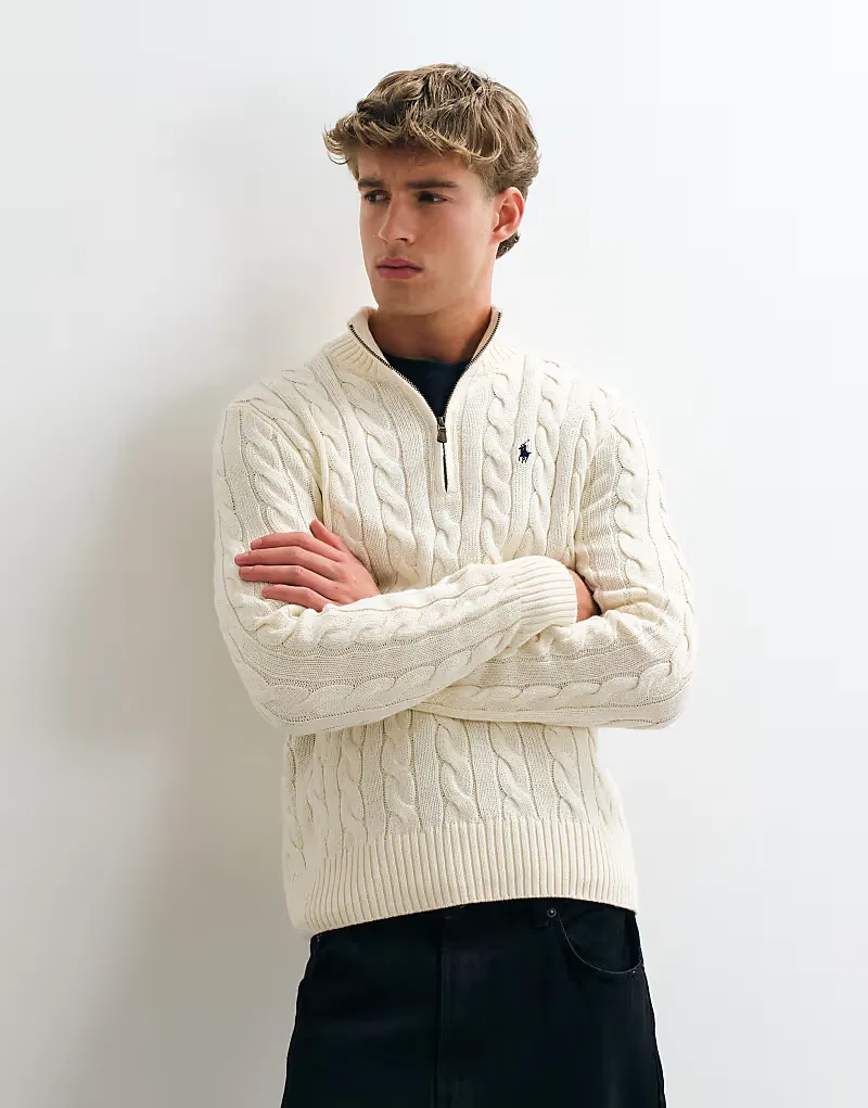 Хлопковая толстовка Polo Ralph Lauren с логотипом Icon и косами, застежка-молния до середины груди, кремовый — фото 3