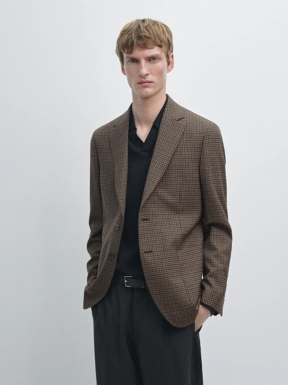 100% шерстяной приталенный клетчатый блейзер Massimo Dutti, коричневый — фото 2