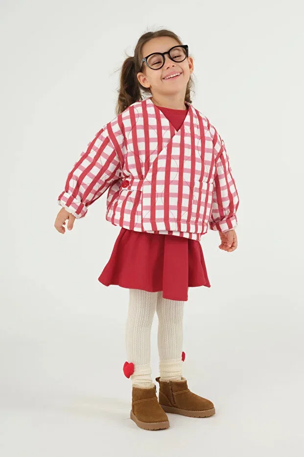 Детская куртка для девочек с принтом Double-Breasted red plaid patterned jacket Mioma Kids, Red