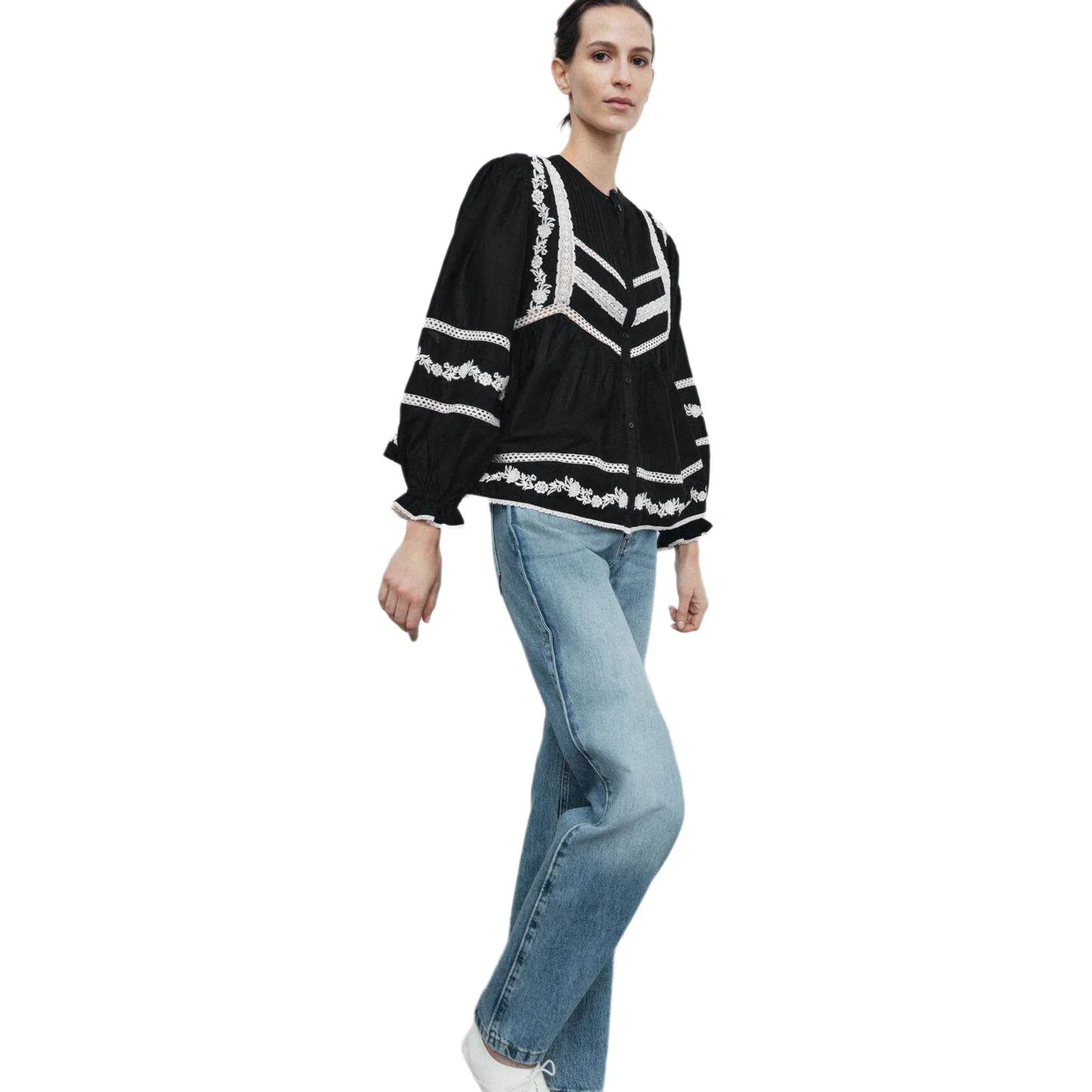 Женская рубашка с круглым вырезом Black/White ZARA — фото 4