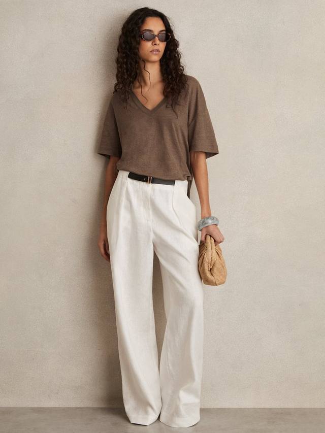 

Футболка Ember Relaxed V-образного выреза из чистого льна Reiss, Brown