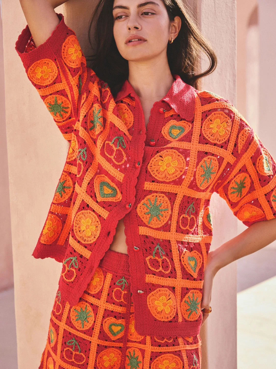Рубашка с воротником, вязаная крючком, Red/Orange Fruit Next, красный/оранжевый — фото 4