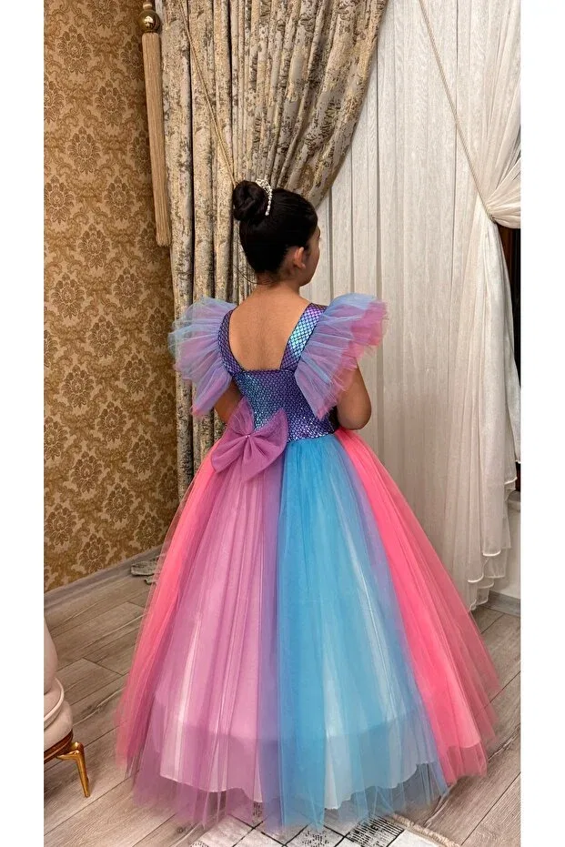 Детское платье для девочек с открытыми плечами Mermaid model long tulle evening dresses Tuha Kids Design, Pink Blue — фото 2