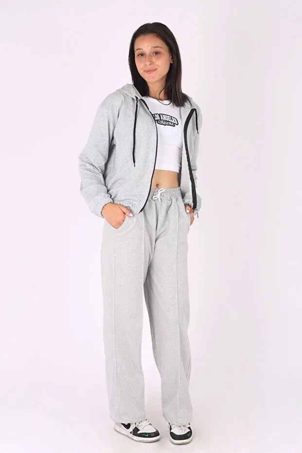 Детский комплект для девочек с принтом 3-Piece Hooded Crop Jacket T-Shirt And Long Bottoms Girls' Tracksuit Set Cm Buseyiz, Gray — фото 2