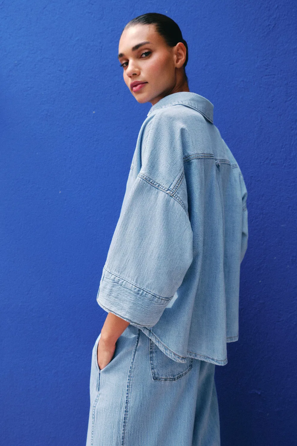Джинсовая рубашка с широкими рукавами Z1975 ZARA, Mid-Blue — фото 3