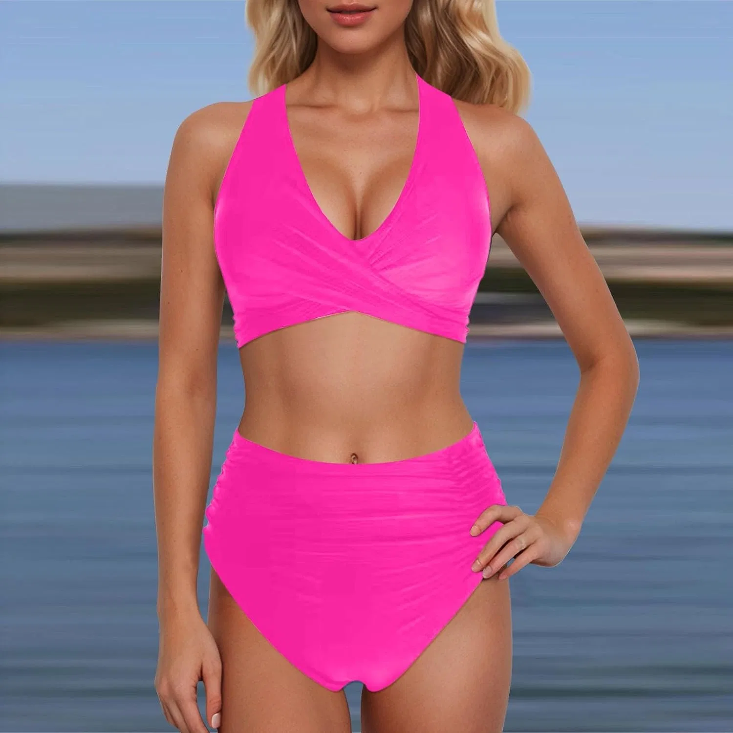 Женский бикини-комплект с высокой талией, регулируемый, Hot Pink — фото 2