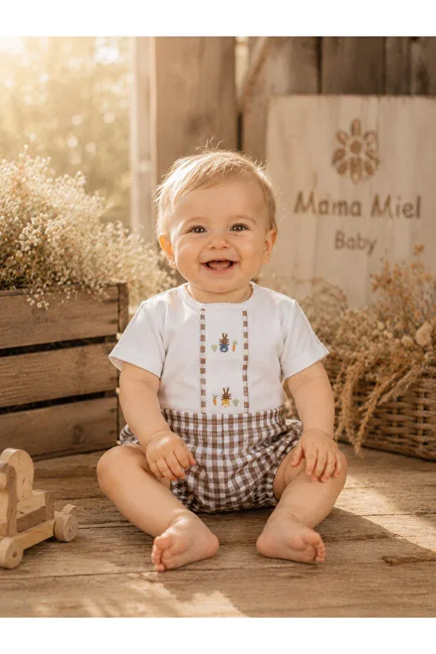 Детский комбинезон для девочек хлопковый Pötikare soft series hand embroidered carrot rabbit summer baby romper Mama Miel Baby, Brown