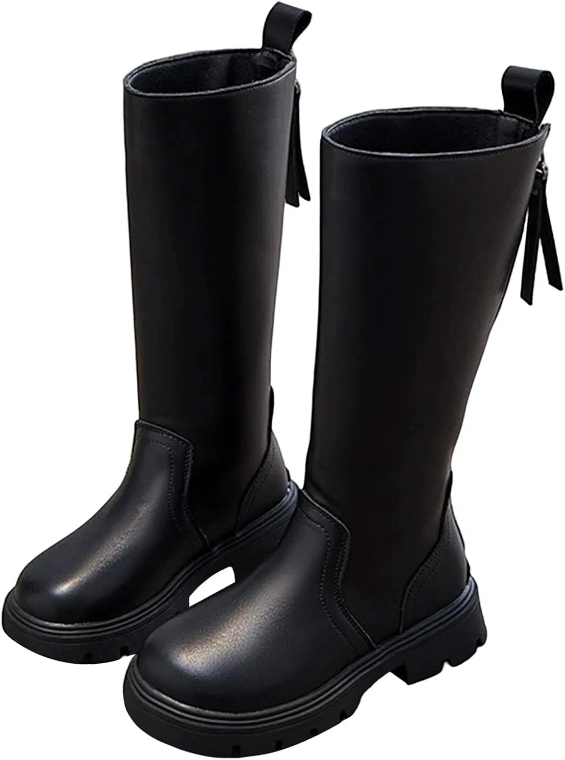 Детские ботинки для девочек с принтом, модель Girls Knee Length Boots Mid Calf Riding Boots PU Leather Zipper Punk Goth Boot Fall Winter Bowknot Combat Boot Little Big Kid, Black
