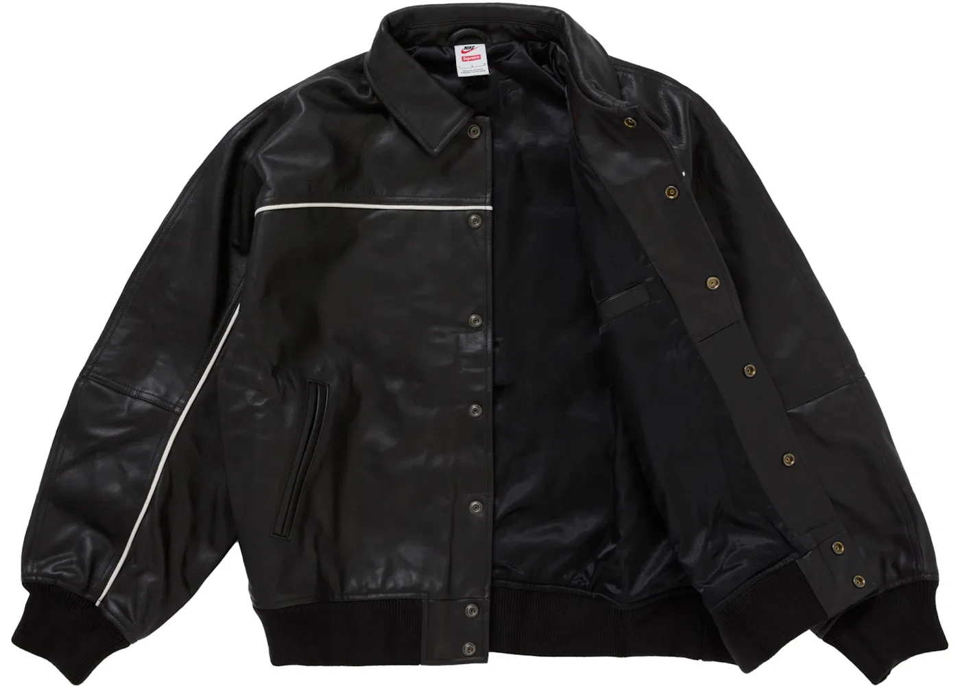 Мужская кожаная бейсбольная куртка с принтом Supreme Nike Jacket, Black — фото 2