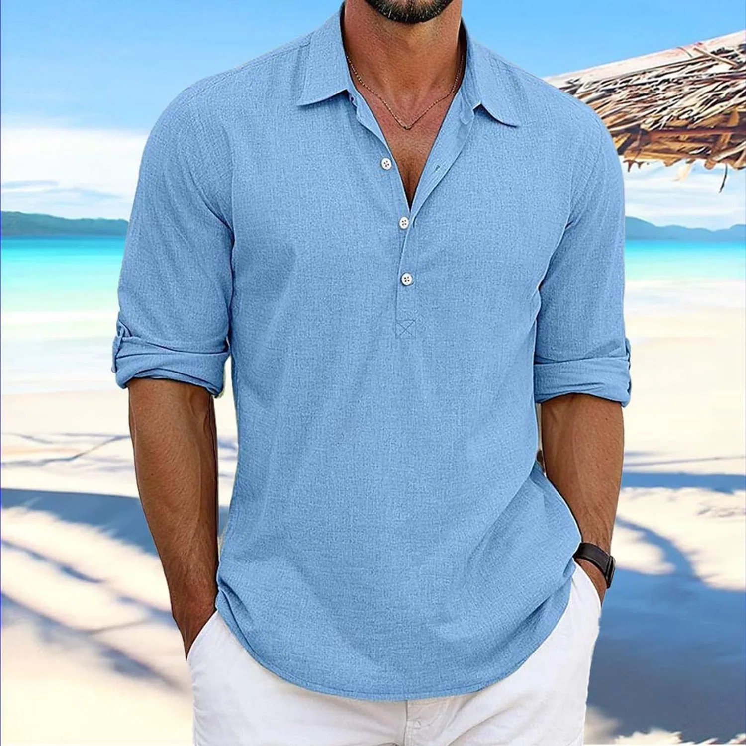 Мужское поло с коротким рукавом из льна и хлопка, модель Men's Linen Polo Shirt, Z31-blue Polo De Hombre — фото 3