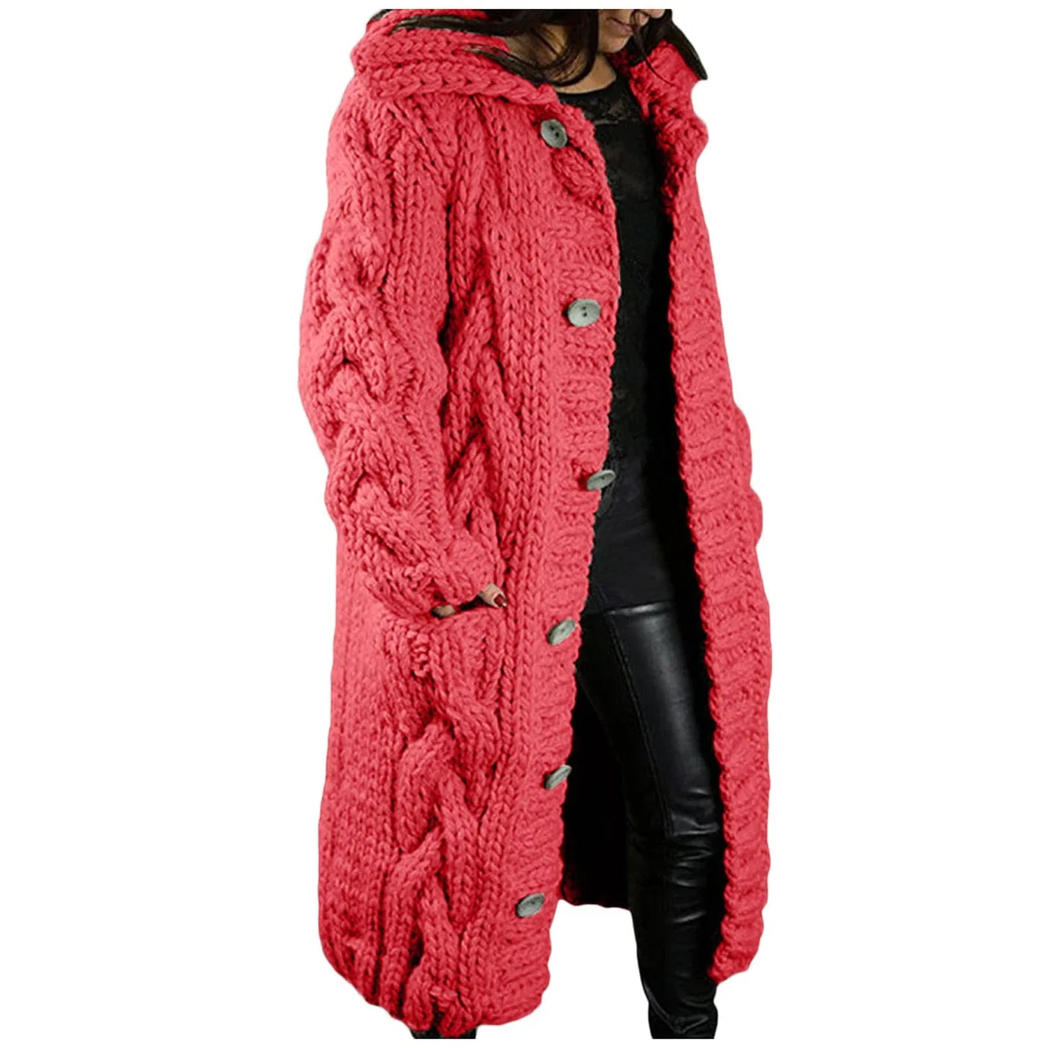 Женский кардиган с капюшоном крупной вязки с пуговицами, Red