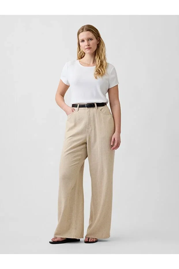 Женские широкие брюки из льняной смеси с высокой талией Gap, Beige-001 — фото 4