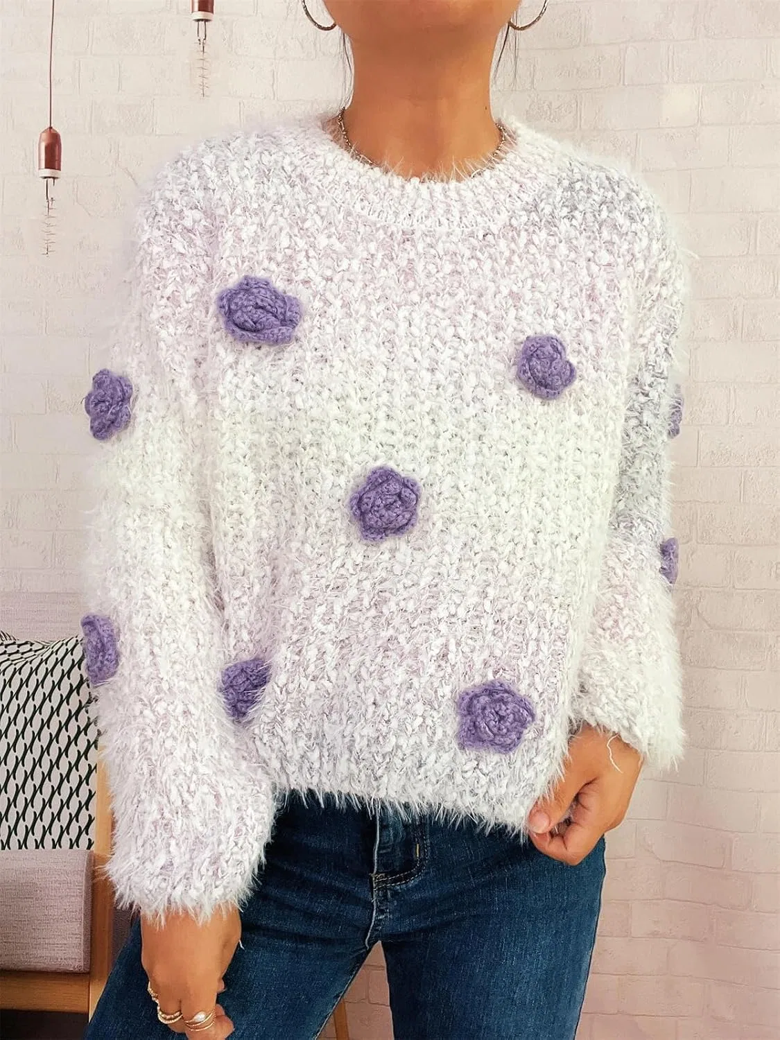 Женский свитер с 3D-цветами омбре, с длинным рукавом, Ombre 3D Floral Sweater — фото 4