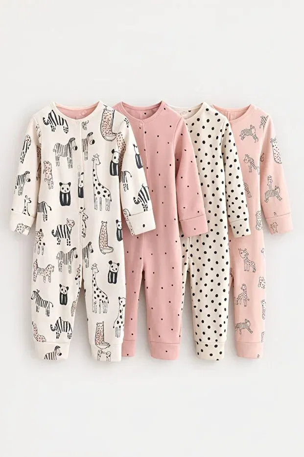 Детский комбинезон с принтом Cotton cream pink printed 4-piece jumpsuit set Next Baby, Multicolor