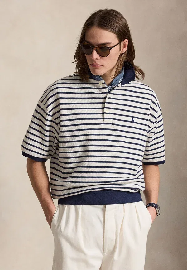 Поло с полосатым узором Relaxed fit striped textured polo shirt, Polo Ralph Lauren, Nevis/Navy, темно-синий