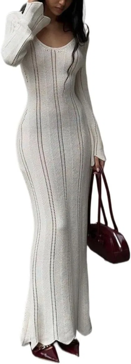 Женское вязаное платье с V-образным вырезом Casual, White