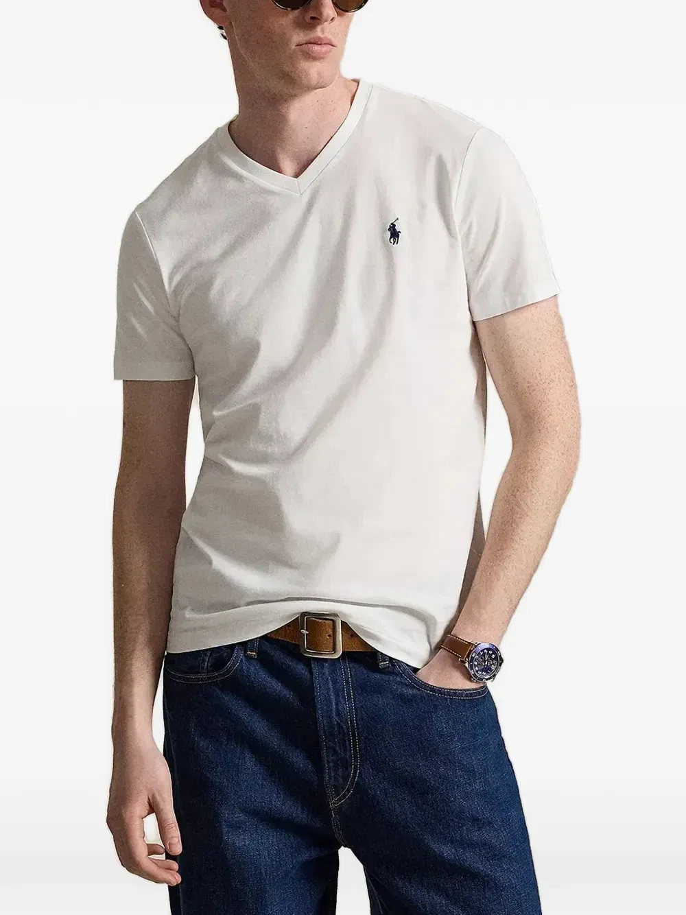 Футболка с V-образным вырезом и вышитым логотипом POLO RALPH LAUREN, белый — фото 3