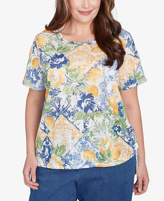 

Топ больших размеров с круглым вырезом и узором «лимонная плитка» Alfred Dunner, мультиколор