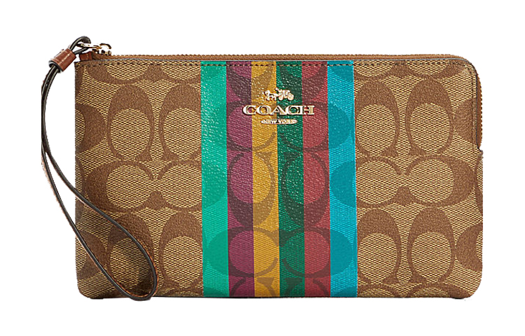 

COACH Угловая молния холщовая с кожаной клатч маленький женский коричневый