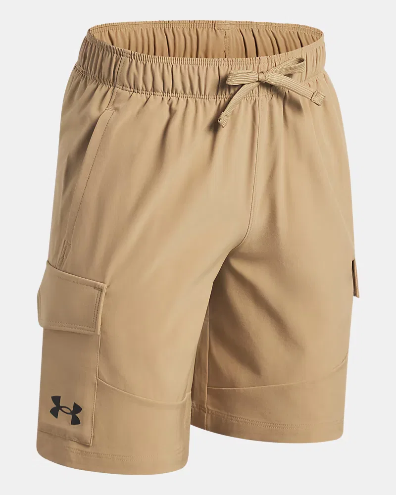 Шорты-карго с длиной по внутреннему шву 18 см, водоотталкивающие UA Tech Woven UnderArmour, Camel/Black — фото 3