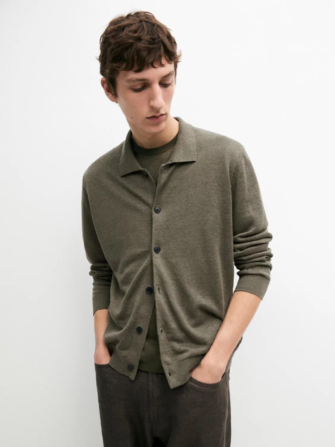 Вязаный кардиган из льна с пуговицами Massimo Dutti, Pale Khaki — фото 2