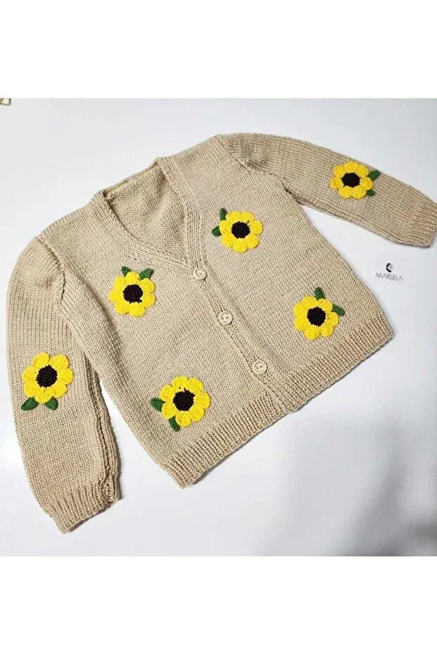 Детский кардиган для девочек с длинным рукавом Marsela hand knitted sunflower baby cardigan Örgü, Mink