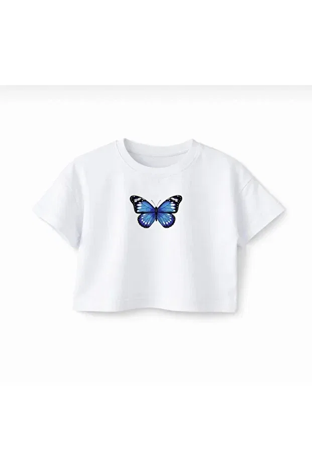 Детское укороченное платье-футболка с принтом Blue Butterfly Printed Baby Girl-Kid Crop Nigrum Pardus, White