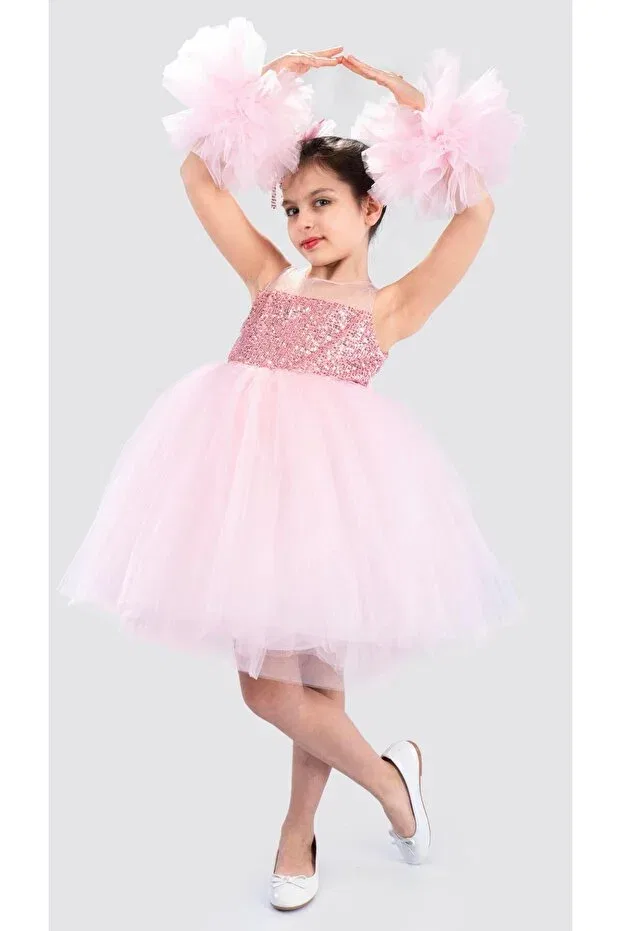 Детское платье для девочек с пайетками Pompom Buse&Eylül Bebe, Pink