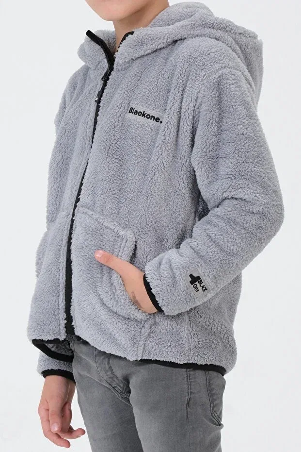 Детское худи для девочек с принтом Embroidery Detailed Plush Hooded Cargo Pocket Top Black One, Gray — фото 2