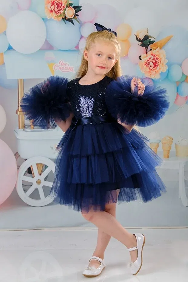 Детское платье для девочек с длинным рукавом Delfini Kids, Navy Blue — фото 3