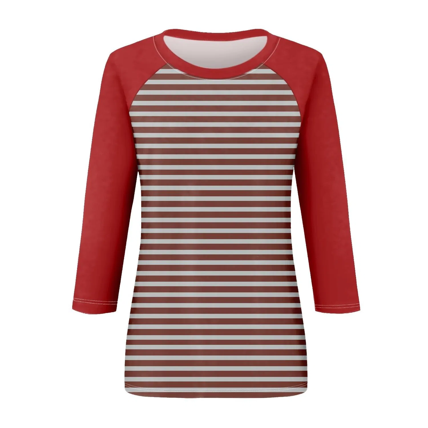 Женская майка с цветочным принтом Floral Print Round Neck Long Sleeve Lace Top, Red-3 — фото 3