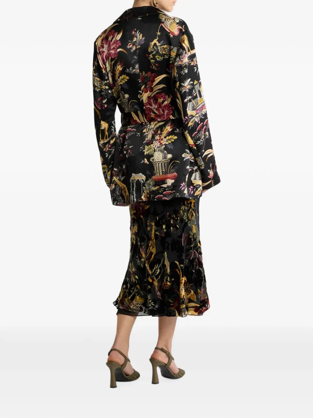Атласная куртка с поясом и цветочным узором Etro, черный — фото 3